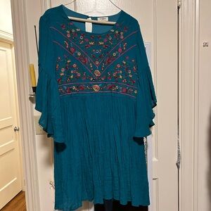 Umgee Turquoise Blouse with Multicolor Embroidery